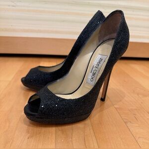 Jimmy Choo Glitter Black Peep Toe Heels
